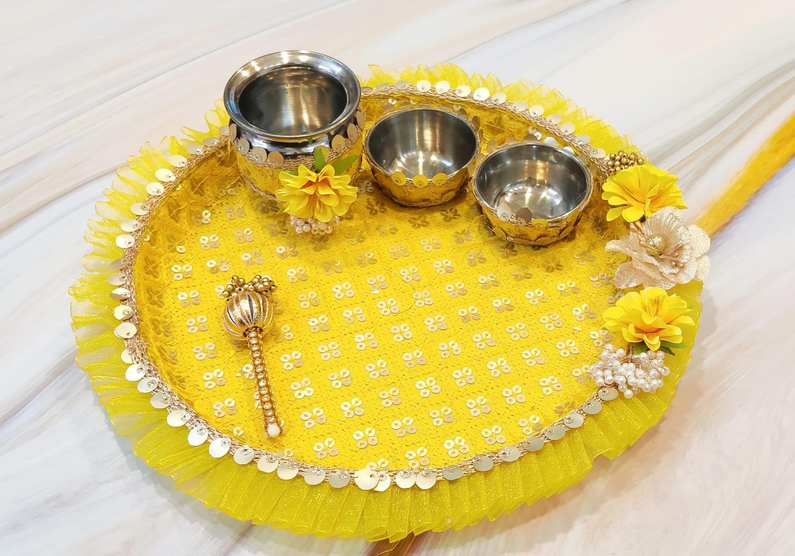 Yellow Pooja thali Set of 5 Pieces